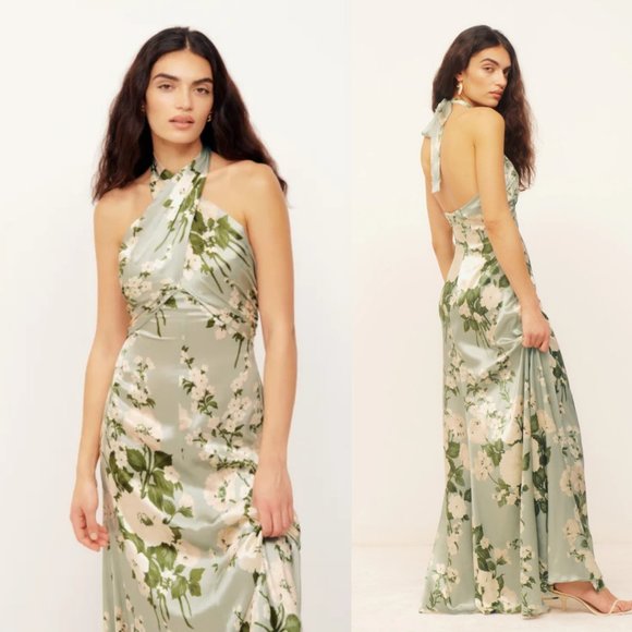 NWT Reformation Veria Maxi Silk Dress Size 14 Tarragon Floral Wrap Halter Top - Picture 1 of 12